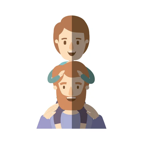 Couleur claire ombre caricature moitié corps barbu père avec garçon sur son dos — Image vectorielle