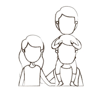 ince kontur karikatür meçhul Önden Görünüm yarım vücut aile anne çocuk sırtında ile bulanık