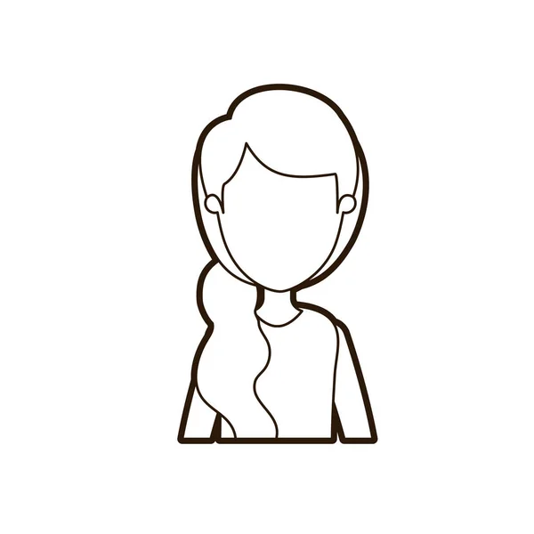 Noir épais contour caricature visage sans visage demi corps femme avec côté queue de cheval coiffure — Image vectorielle