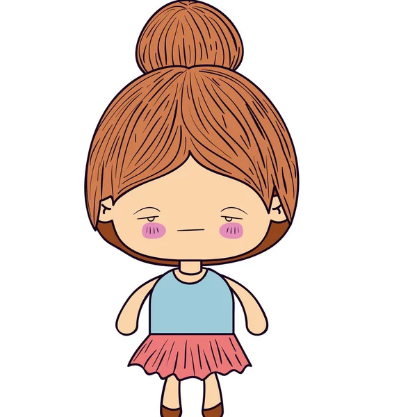 Silueta colorida de niña kawaii con pelo recogido y expresión facial triste — Vector de stock