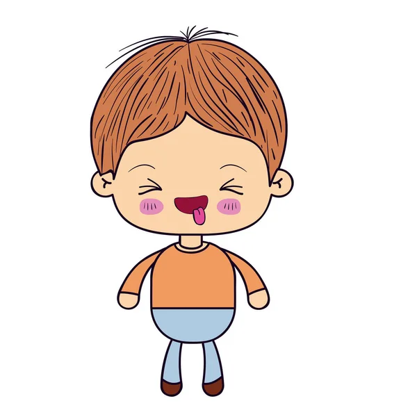 Silhouette colorée de petit garçon kawaii avec expression faciale drôle avec les yeux fermés — Image vectorielle
