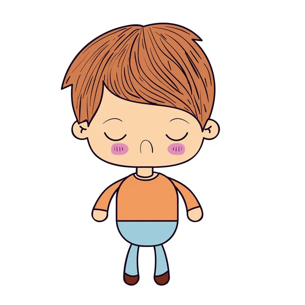 Silueta colorida de niño kawaii con expresión facial asco con los ojos cerrados — Vector de stock