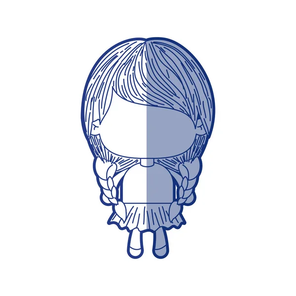 Blauwe arcering silhouet van gezichtsloze meisje met pigtails haren en gevlochten — Stockvector
