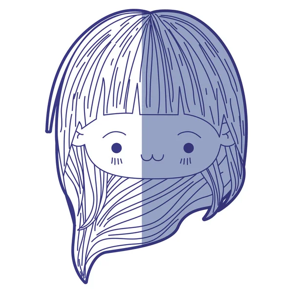 Blue Shading Silhouette von Kawaii Kopf kleines Mädchen mit langen Haaren und erschöpftem Gesichtsausdruck — Stockvektor