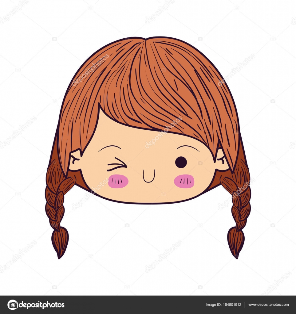 Kawaii caricatura colorato faccia bambina con capelli intrecciati e illustrazione di vettore di espressione facciale strizzatina d occhio occhio