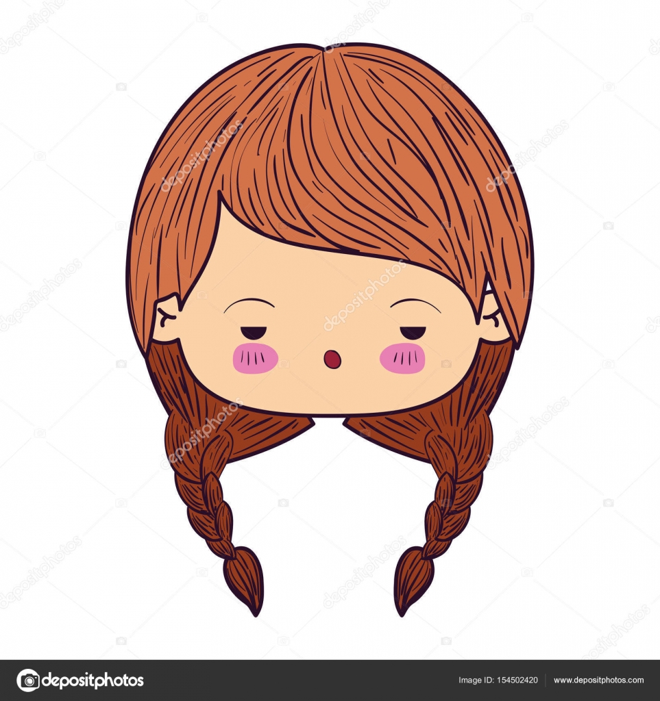 Kawaii caricatura colorato faccia bambina con espressione di viso e capelli trecce di noiosa illustrazione vettoriale — Vettoriali di grgroupstock