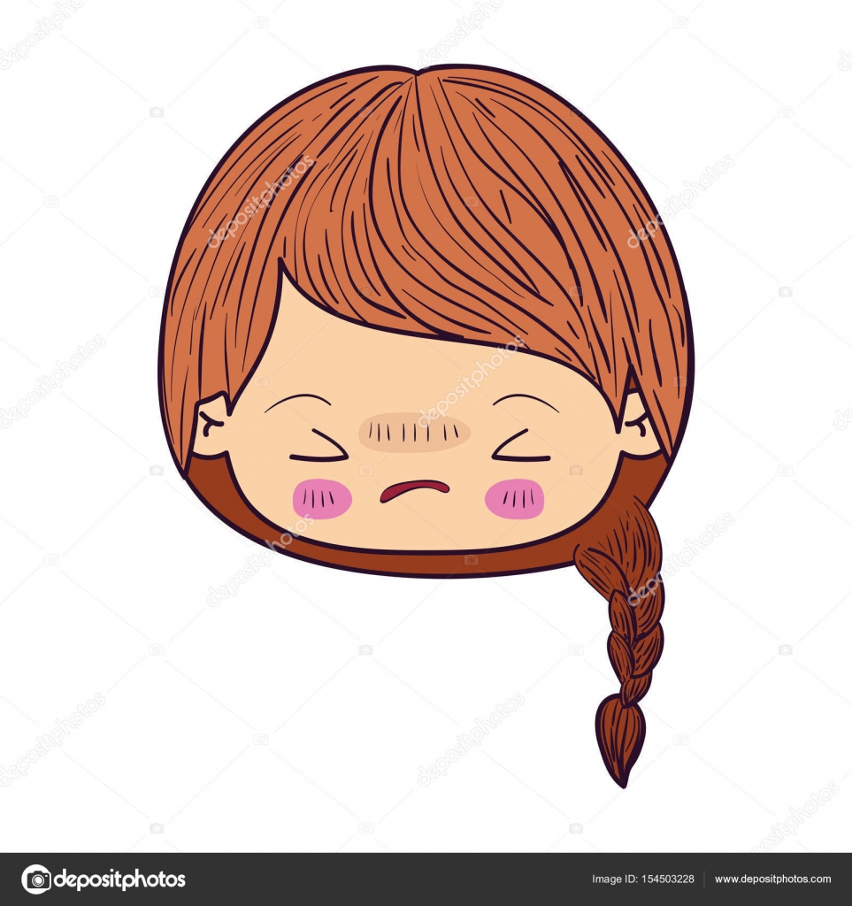 Kawaii caricatura colorato faccia bambina con capelli intrecciati e l espressione facciale arrabbiata con gli occhi chiusi di vettore — Vettoriali di