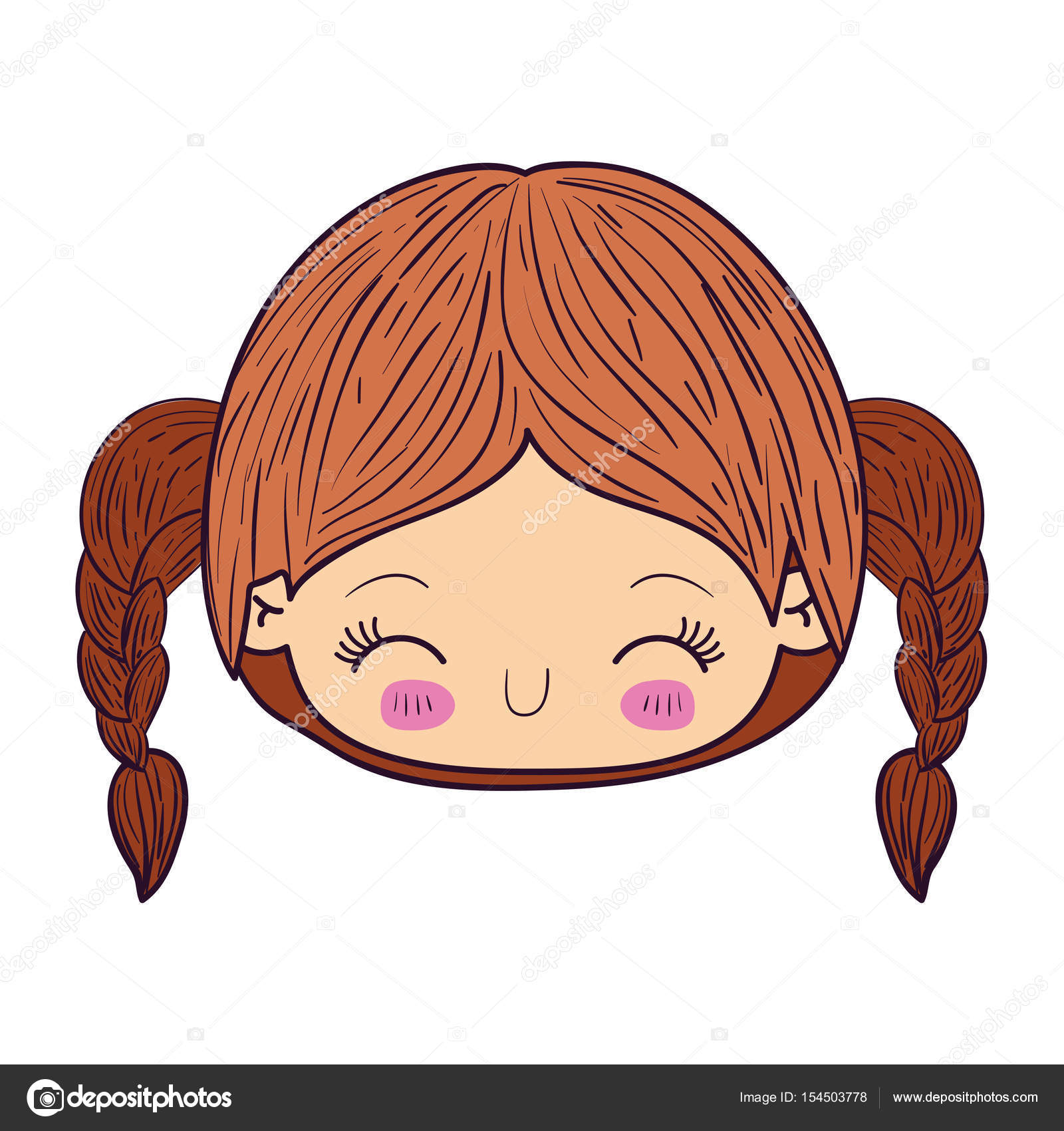 Kawaii caricatura colorato faccia bambina con capelli intrecciati e la felicit  di espressione facciale con gli occhi chiusi di vettore — Vettoriali di