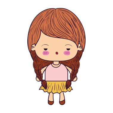 küçük kız örgü saç ve yüz ifadesi, renkli karikatür sıkıcı