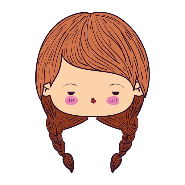 Caricature colorée kawaii visage petite fille avec des tresses cheveux et expression faciale de ennuyeux — Image vectorielle