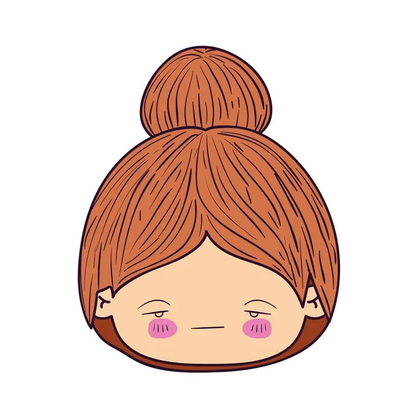 Caricatura colorida kawaii rosto pequena menina com cabelos coletados e expressão facial triste — Vetor de Stock