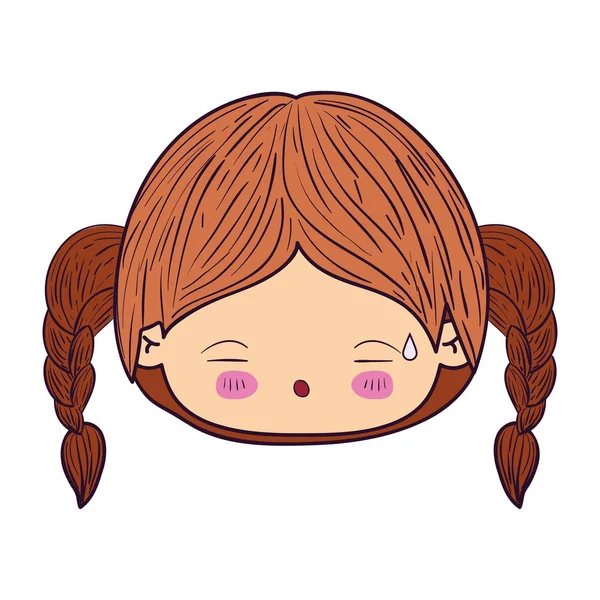 Caricature colorée kawaii visage petite fille avec cheveux tressés et expression faciale fatigué — Image vectorielle