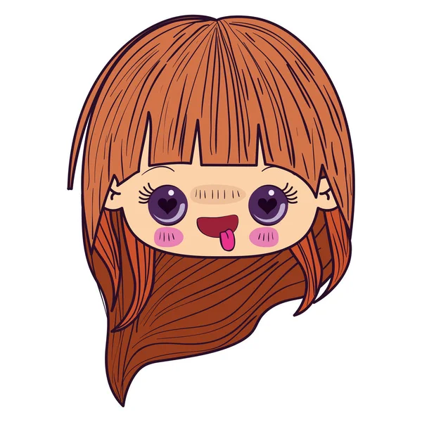 Caricatura colorida kawaii rosto menina com cabelos longos e expressão facial apaixonada —  Vetores de Stock