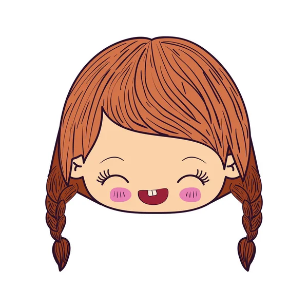 Caricatura colorida kawaii rosto menina com cabelo trançado e expressão facial rindo — Vetor de Stock