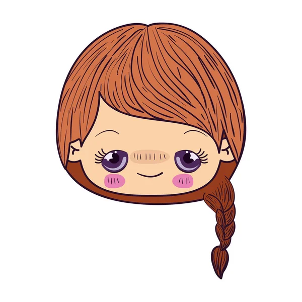 Caricature colorée kawaii visage petite fille aux cheveux tressés et expression faciale embarrassée — Image vectorielle