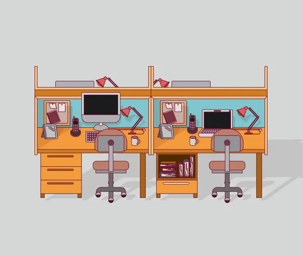 Colorido fondo doble trabajo lugar oficina interior con archivador con libros — Vector de stock