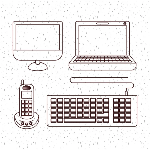 Fondo blanco con destellos y silueta de ordenador y teléfono de la oficina de tecnología — Archivo Imágenes Vectoriales