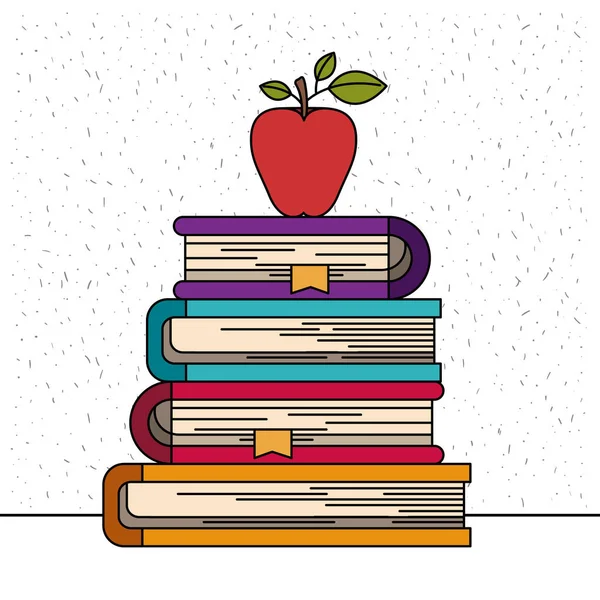 Fondo blanco con destellos de pila de libros con fruta de manzana — Vector de stock
