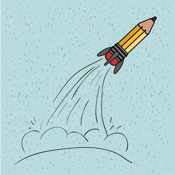 Fundo de cor azul com brilhos de lápis em forma de foguete decolar — Vetor de Stock