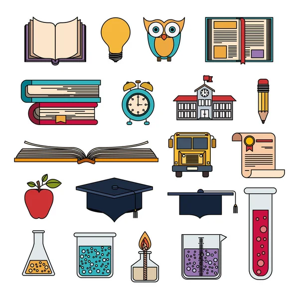 Colorido conjunto de artículos de educación universitaria con elementos educativos — Vector de stock