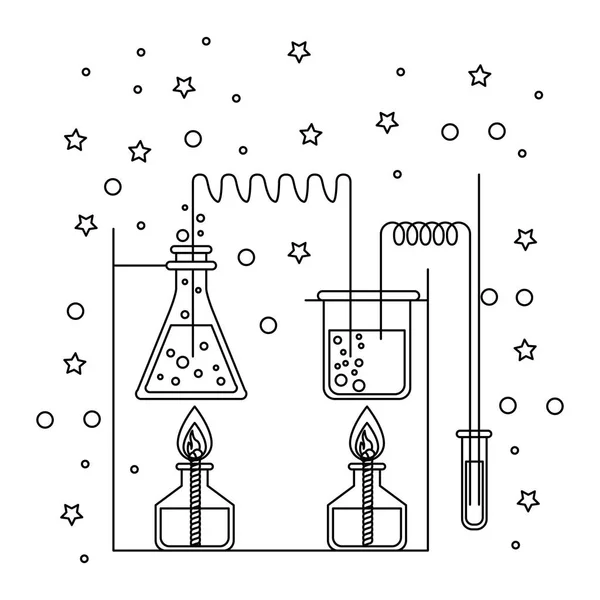 Cena de silhueta monocromática de laboratório químico com um experimento em processo com estrelas e pontos —  Vetores de Stock