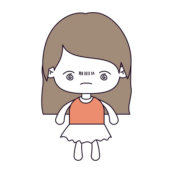Sections de couleur silhouette et les cheveux brun clair de petite fille kawaii avec les cheveux raides et l'expression faciale ennuyé — Image vectorielle