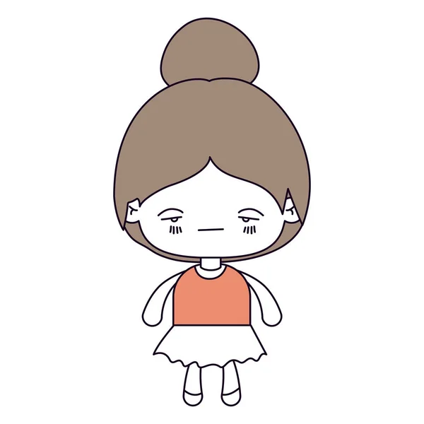 Seções de cor silhueta e cabelos castanhos claros de kawaii menina com cabelos coletados e expressão facial triste — Vetor de Stock