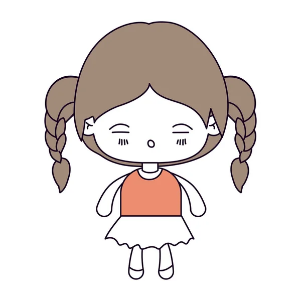Sezioni di colore silhouette e capelli castano chiaro di kawaii bambina con i capelli intrecciati e espressione del viso stanco — Vettoriale Stock
