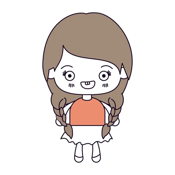 Seções de cor silhueta e cabelos castanhos claros de kawaii menina bonito com cabelo trançado e sorrindo — Vetor de Stock