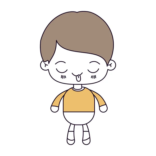 Sections de couleur silhouette et les cheveux brun clair de petit garçon kawaii avec expression faciale drôle — Image vectorielle
