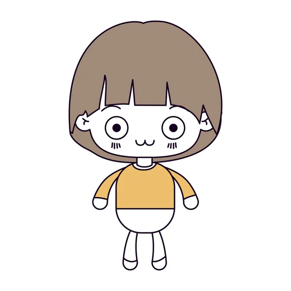Silueta color secciones y cabello castaño claro de kawaii pequeño niño con expresión facial deprimido — Archivo Imágenes Vectoriales