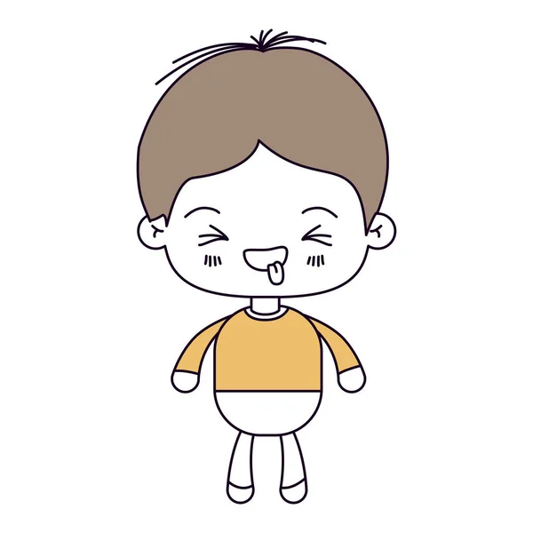 Seções de cor silhueta e cabelos castanhos claros do menino kawaii com expressão facial engraçada com olhos fechados —  Vetores de Stock