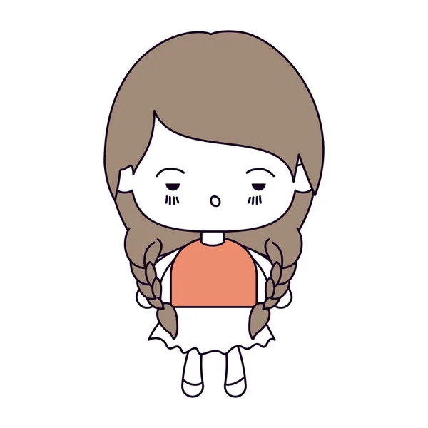 Silhouette Farbschnitte und hellbraune Haare von kawaii kleines Mädchen mit geflochtenen Haaren und Gesichtsausdruck deprimiert — Stockvektor