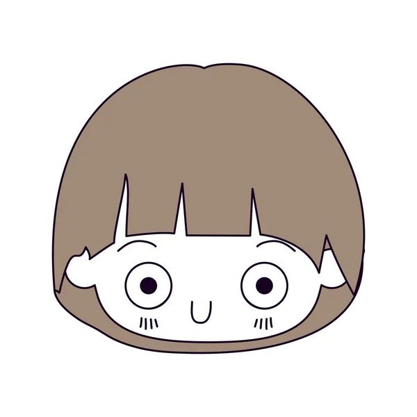 Silueta secciones de color y cabello castaño claro de cabeza kawaii de niño pequeño con expresión facial deprimido — Vector de stock