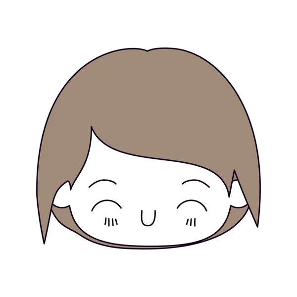 Seções de cor silhueta e cabelos castanhos claros da cabeça kawaii de menino com expressão facial felicidade em close-up —  Vetores de Stock
