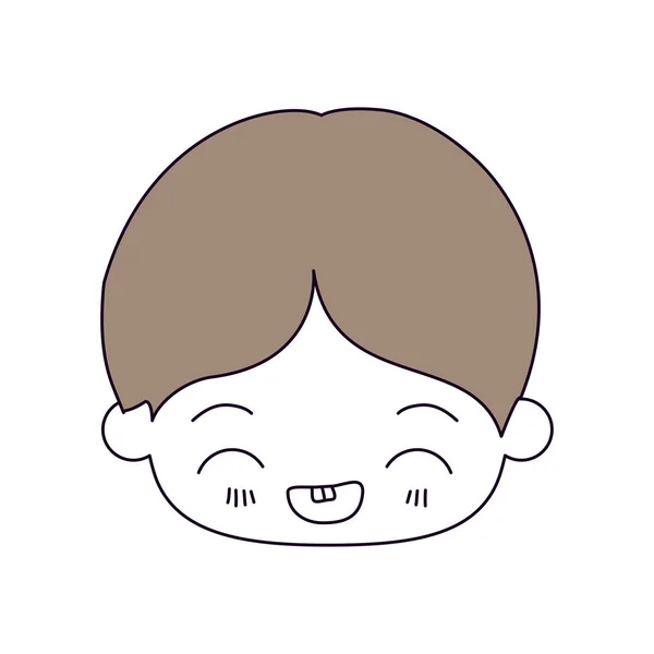 Seções de cor silhueta e cabelos castanhos claros da cabeça kawaii de menino com expressão facial rindo em close-up —  Vetores de Stock