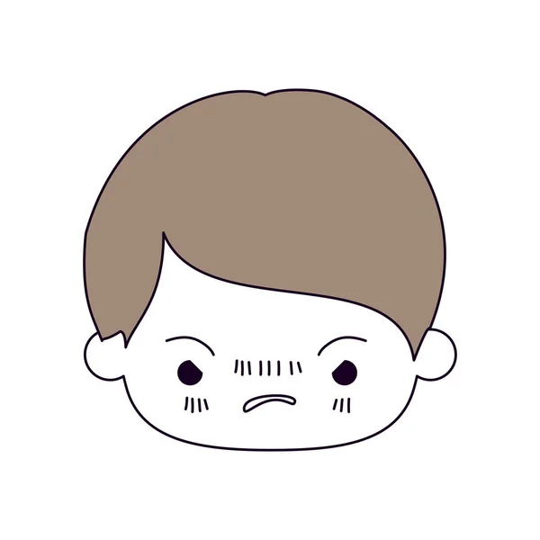 Silueta secciones de color y cabello castaño claro de cabeza kawaii de niño pequeño con expresión facial enojado — Vector de stock