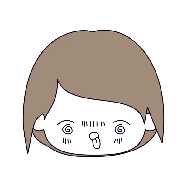 Seções de cor silhueta e cabelos castanhos claros da cabeça kawaii de menino com expressão facial furiosa em close-up —  Vetores de Stock
