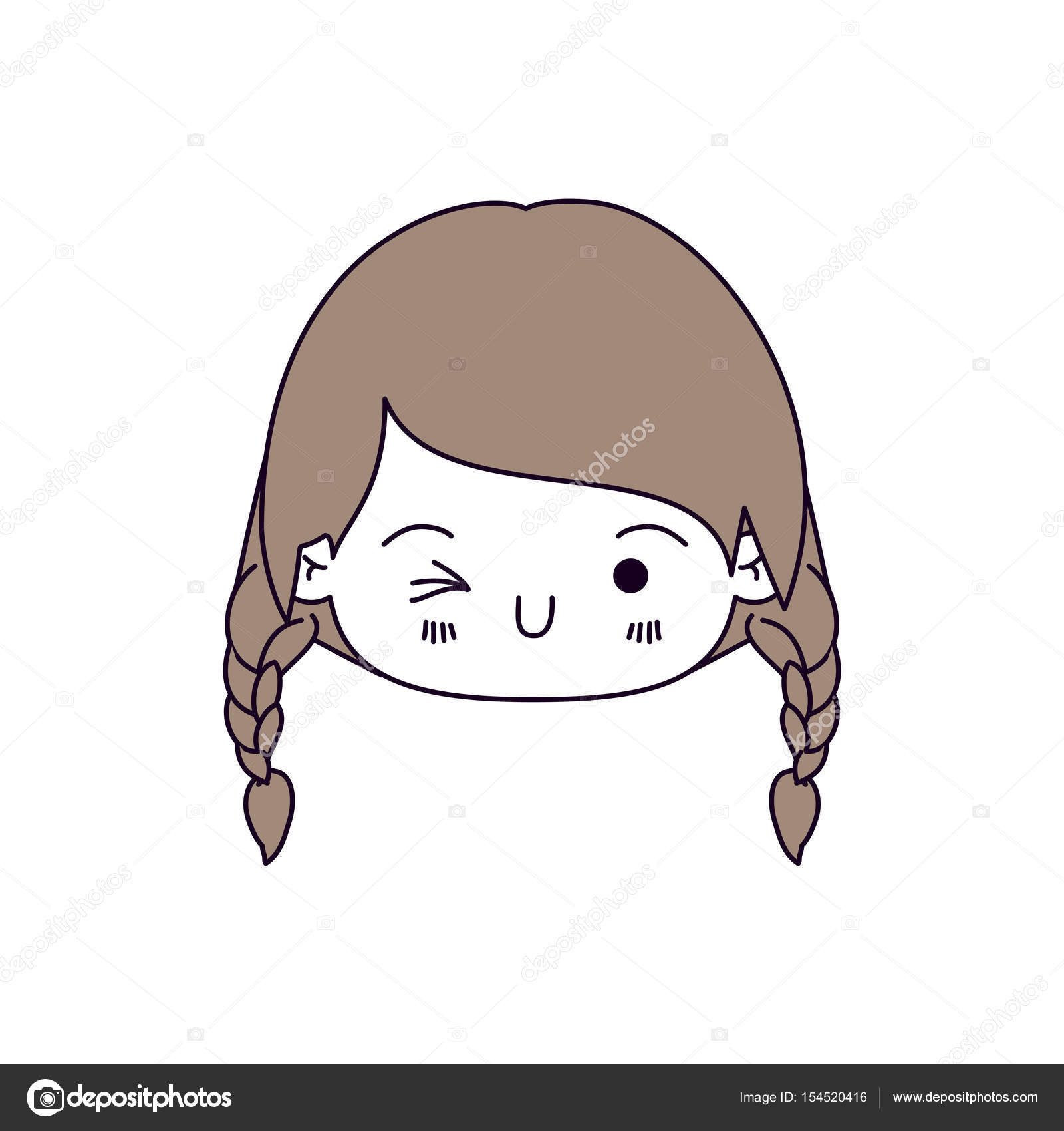 Sezioni di colore della siluetta e capelli castano chiaro di kawaii testa bambina con capelli intrecciati