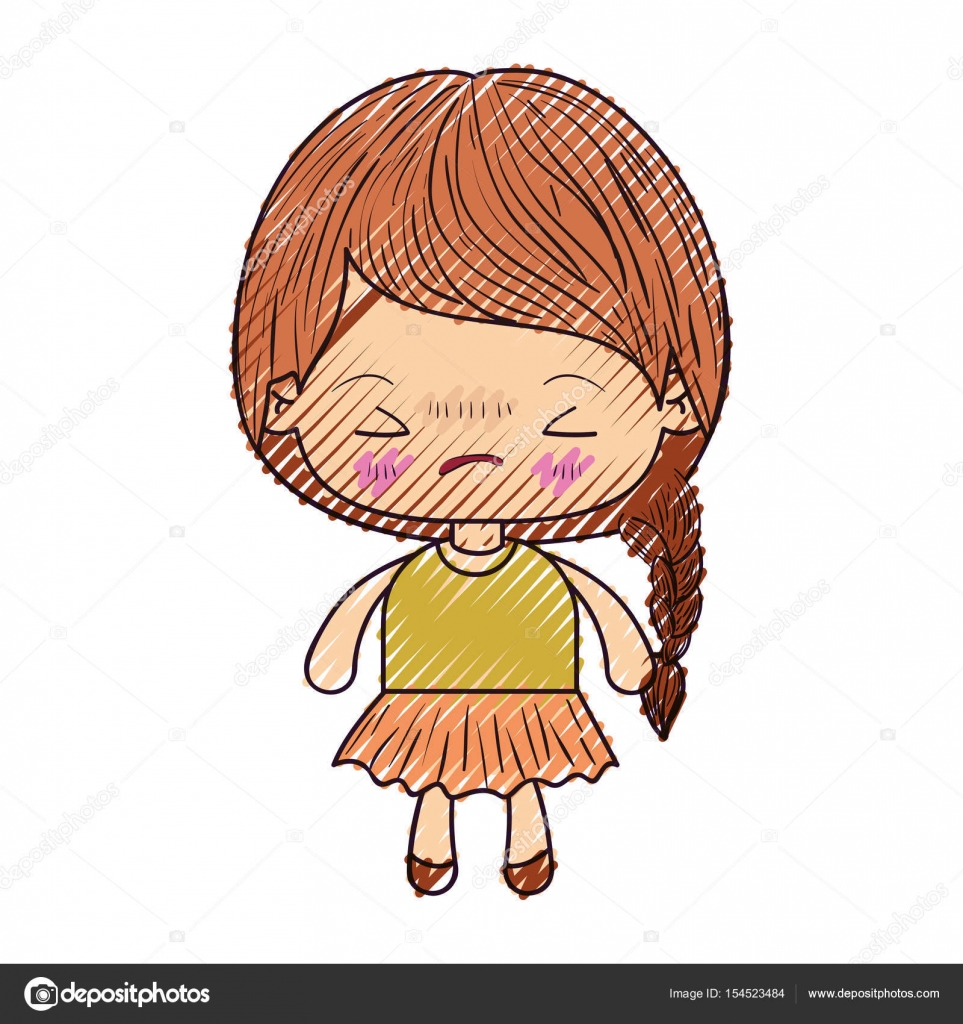 Sagoma colorata pastello di kawaii bambina con capelli intrecciati e l espressione facciale arrabbiata con chiuso gli occhi di vettore — Vettoriali di