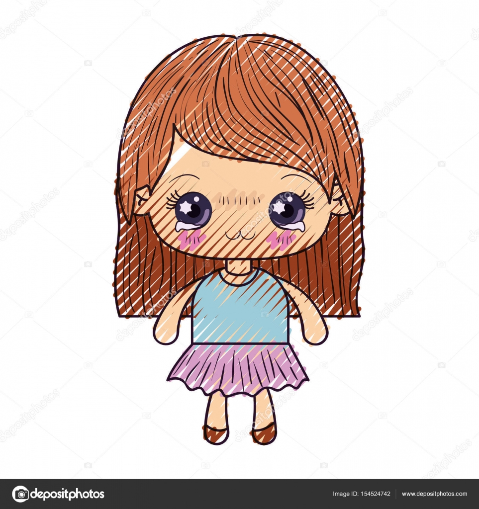 Sagoma colorata pastello di kawaii cute bambina con capelli lisci e l espressione facciale depresso