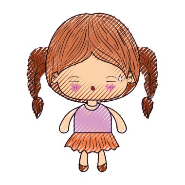 kawaii silüeti renkli mum boya ile örgülü saç ve yüz ifadesi yorgun küçük kız