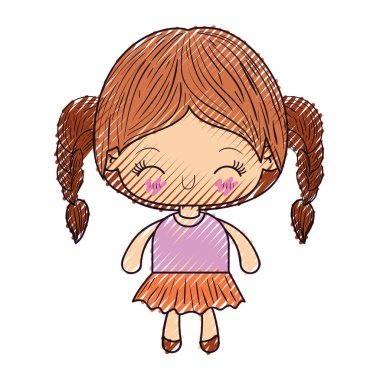 kawaii silüeti renkli crayon örgülü saçlı küçük kız ve yüz ifadesi mutluluktan gözleri kapalı