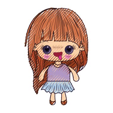 renkli crayon silüeti kawaii uzun saç ve yüz ifadesi aşık ile küçük kız