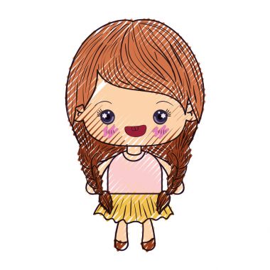 kawaii silüeti renkli mum boya ile örgülü saç ve gülümseyen sevimli küçük kız