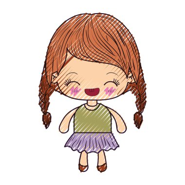 kawaii silüeti renkli mum boya ile örgülü saç ve yüz ifadesi gülüyor küçük kız