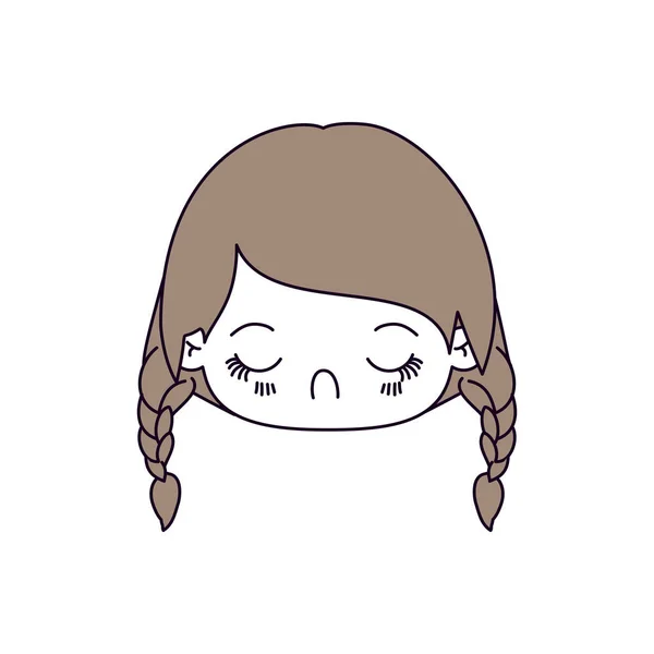 Sections de couleur de la silhouette et les cheveux brun clair de la tête kawaii petite fille avec des cheveux tressés et l'expression faciale dégoût — Image vectorielle