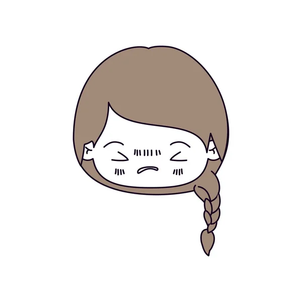 Sections de couleur de la silhouette et les cheveux brun clair de la tête kawaii petite fille avec des cheveux tressés et expression faciale en colère avec les yeux fermés — Image vectorielle