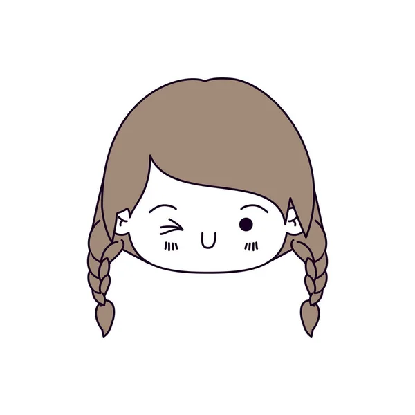 Silueta secciones de color y pelo castaño claro de la cabeza kawaii niña pequeña con pelo trenzado y expresión facial ojo guiño — Vector de stock