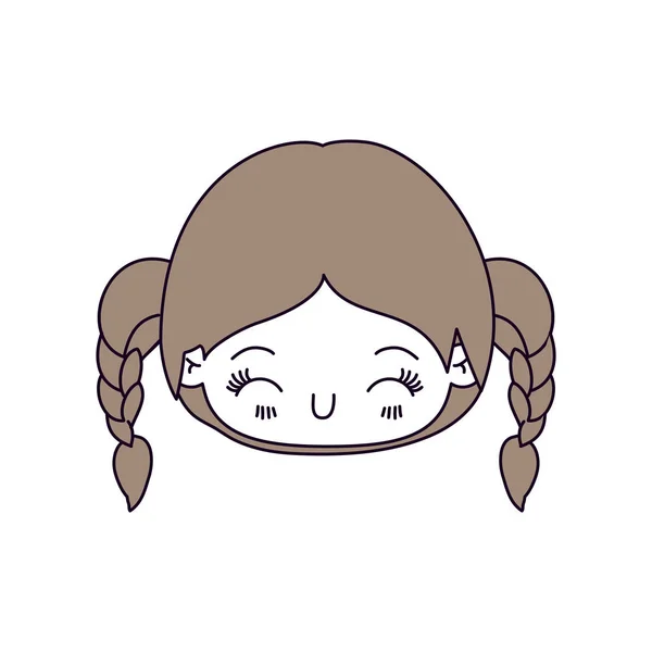Silueta color secciones y pelo castaño claro de la cabeza kawaii niña con pelo trenzado y expresión facial felicidad con los ojos cerrados — Vector de stock